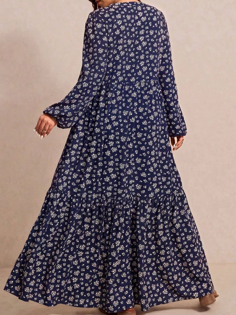 Navy Blue Boho Women's Floral V-Neck Lantern Sleeve Dress - Picture 2 of 7